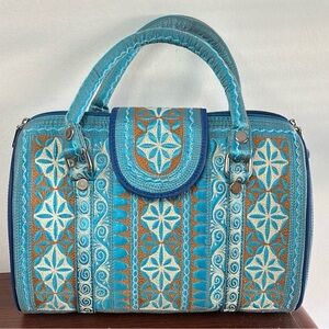 Banda Bag Elegant Blue and Tan Embroidered Satchel